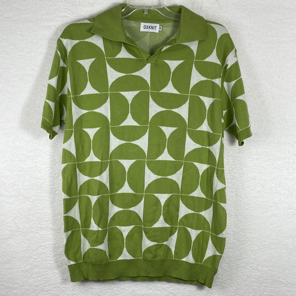 OXKNIT Mens 2XL Lime Green White Geometric Knit Short Sleeve Polo Shirt Retro